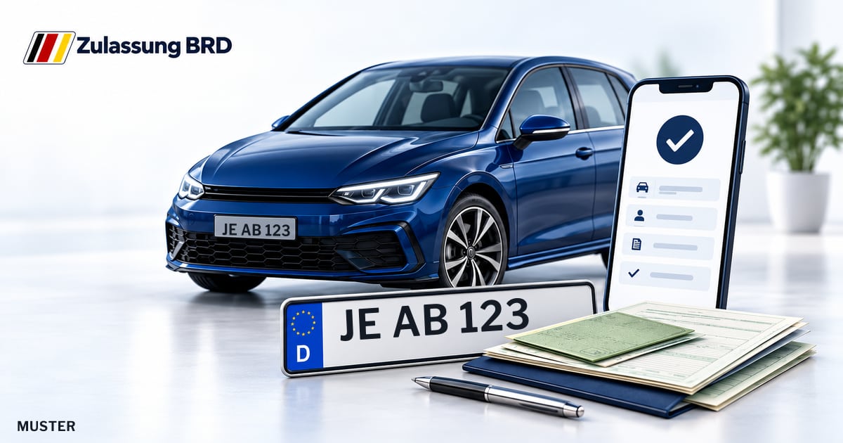 Online Fahrzeugzulassung in Coswig (Anhalt): Musterkennzeichen JE AB 123, Auto und Fahrzeugpapiere und Smartphone. Illustration mit Logo von Zulassung BRD.